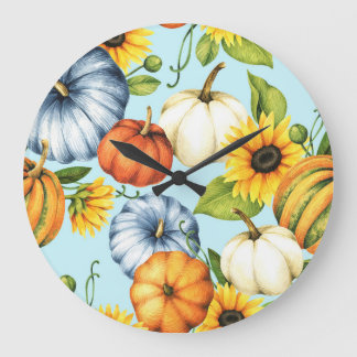 Pumpkins, sunflowers, watercolor illustration large clock
