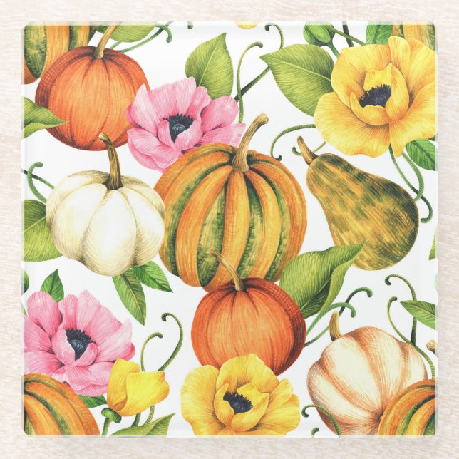 Pumpkins Sunflowers: Watercolor Pattern Design Glass Coaster (Front)