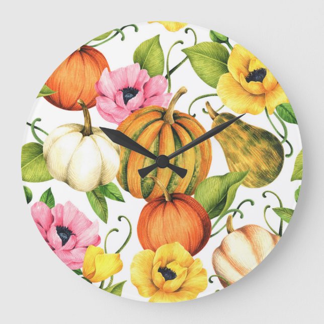 Pumpkins Sunflowers: Watercolor Pattern Design Large Clock (Front)