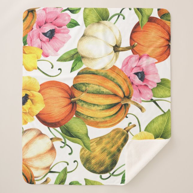 Pumpkins Sunflowers: Watercolor Pattern Design Sherpa Blanket (Front)