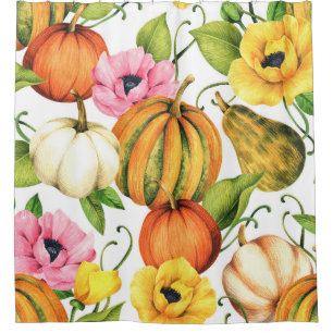 Pumpkins Sunflowers: Watercolor Pattern Design Shower Curtain
