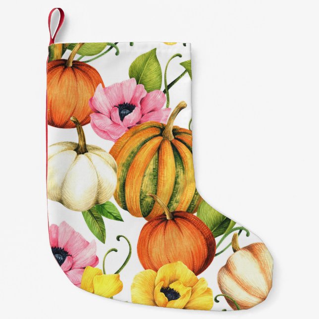 Pumpkins Sunflowers: Watercolor Pattern Design Small Christmas Stocking (Front)