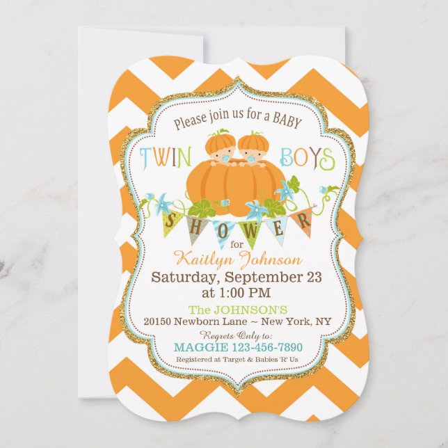 Pumpkins Twin Boys Fall Baby Shower Invitations (Front)