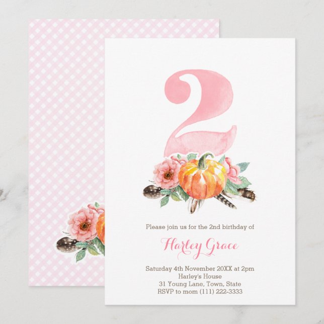 Pumpkins Vintage Roses Girl 2nd Birthday Party Invitation (Front/Back)