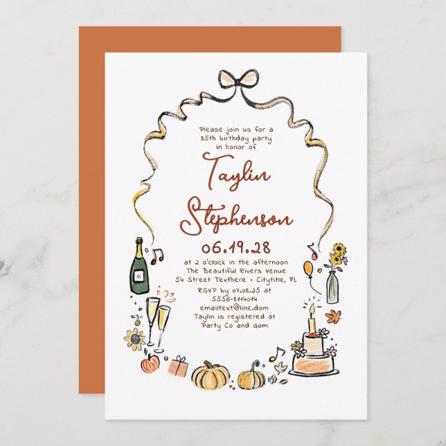 Pumpkins Whimsical Funky Hand Drawn Fall Birthday Invitation (Front/Back)