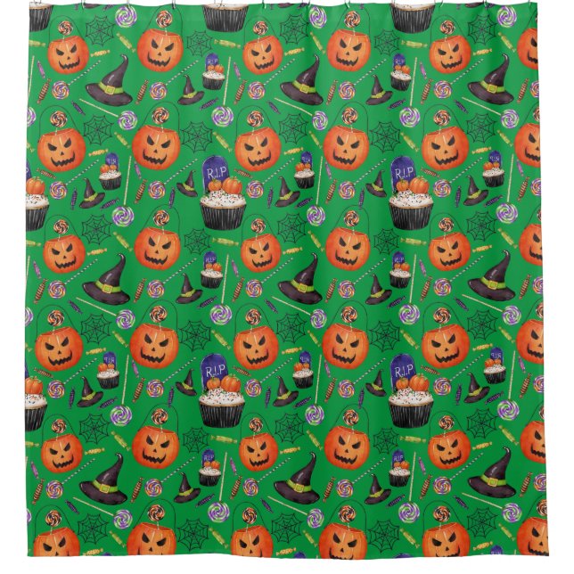 Pumpkins Witch Hats Ghost Spooky Halloween Pattern Shower Curtain (Front)
