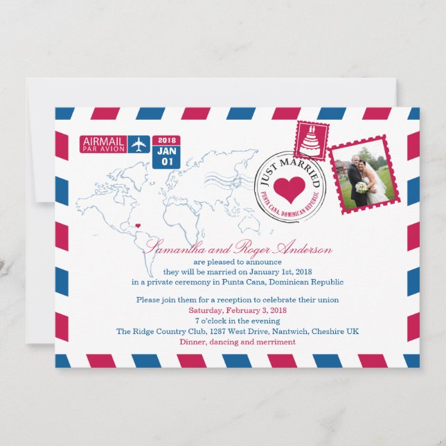 Puna Cana DR Airmail Post Wedding Reception Invitation (Front)