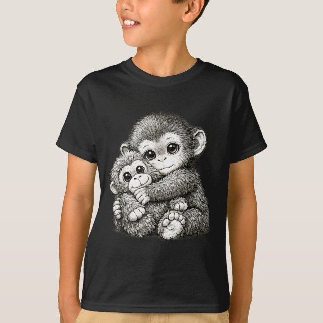 Punch a monkey with teddy bear cuddling meme T-Shirt (Front)