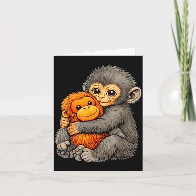 Punch monkey funny cute baby animal hugging plush  card (Front)