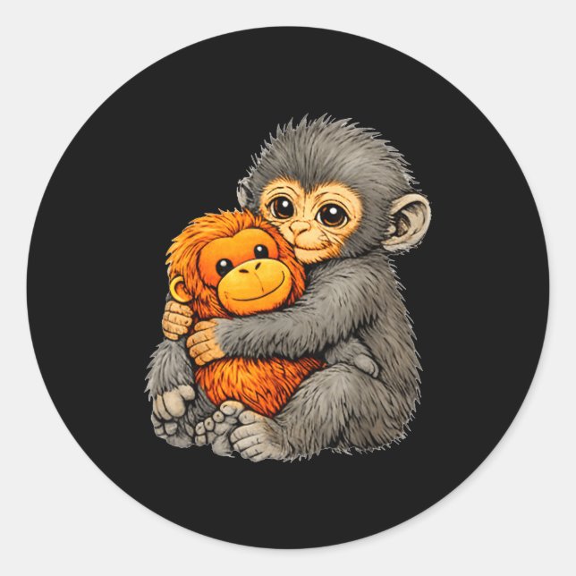 Punch monkey funny cute baby animal hugging plush  classic round sticker (Front)