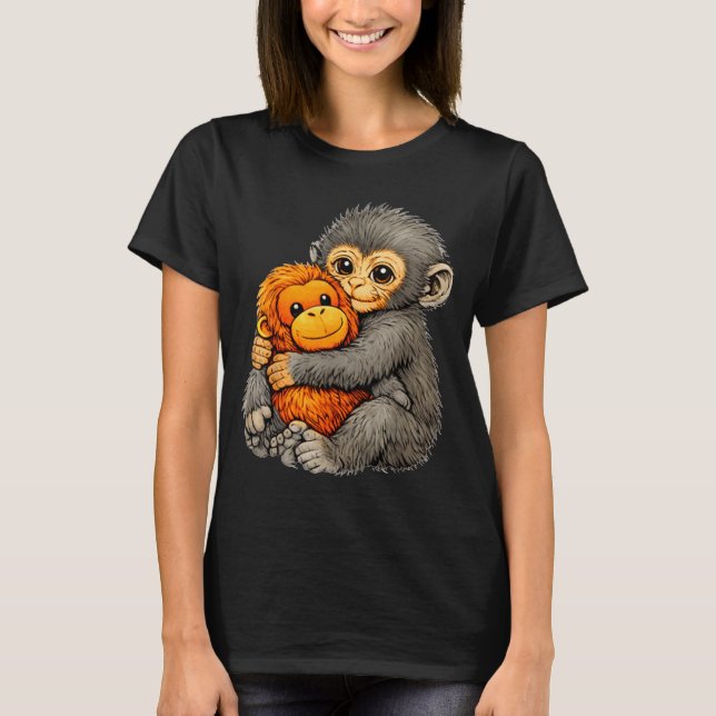 Punch monkey funny cute baby animal hugging plush  T-Shirt (Front)