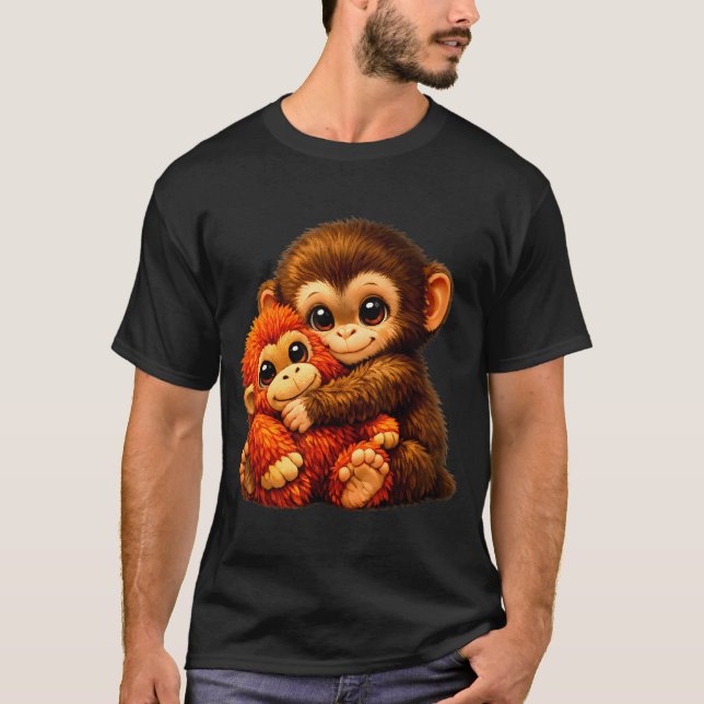 Punch monkey with teddy bear cuddling internet mem T-Shirt (Front)