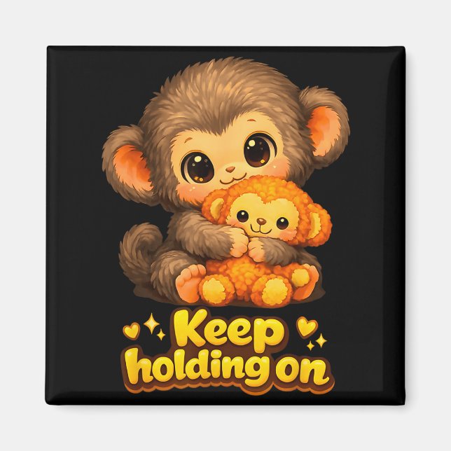 Punch monkey with teddy bear cuddling keep holding magnet (Front)