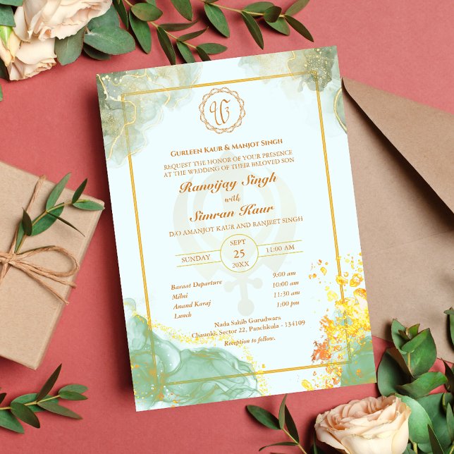 Punjabi Sikh Wedding Anand Karaj Golden Invitation (Creator Uploaded)