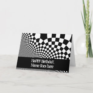 Punk black and white warped chequerboard birthday card