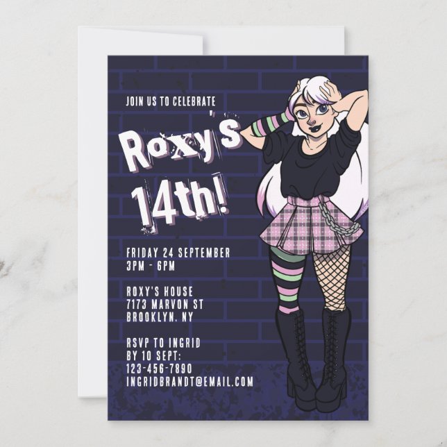 Punk Blue Cartoon Teen Girl 14th Birthday Invitation (Front)