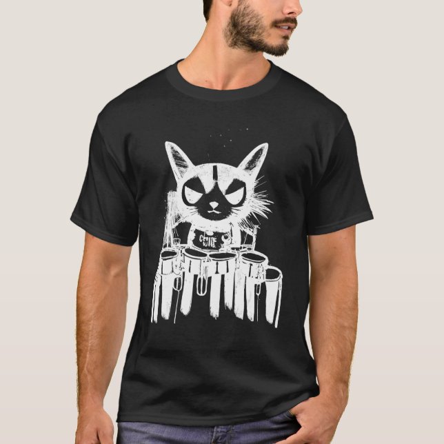 Punk Cat Playing Drums Art T-Shirt (Front)