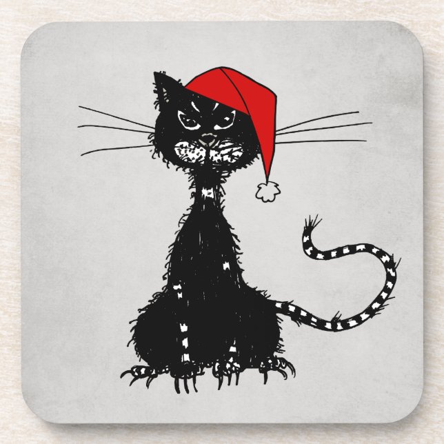 Punk Christmas: Ragged Cat with Santa Hat Goth Coaster (Front)