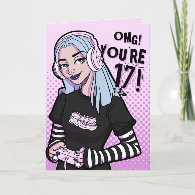 Punk Gamer Teen Girl Pink 17th Birthday Card (Front)