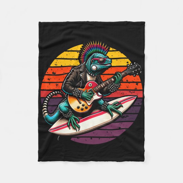 Punk Iguana Rock'n Roll Goth Lizard Guitar, Summer Fleece Blanket (Front)