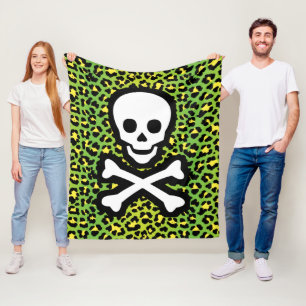 Punk-inspired Edgy Green Leopard Print Jolly Roger Fleece Blanket