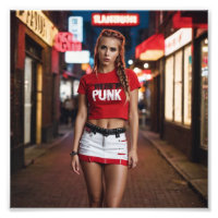 Punk Logo Plaited Girl in Torn Red White Skirt