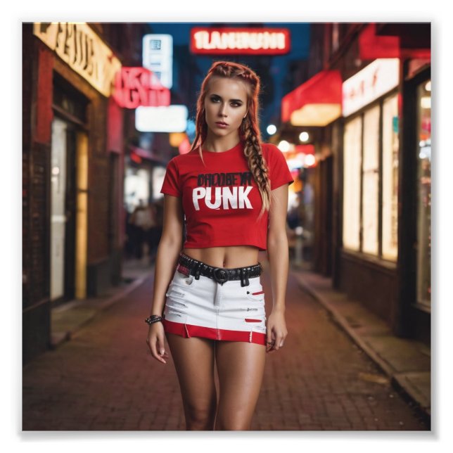 Punk Logo Plaited Girl in Torn Red White Skirt Photo Print (Front)