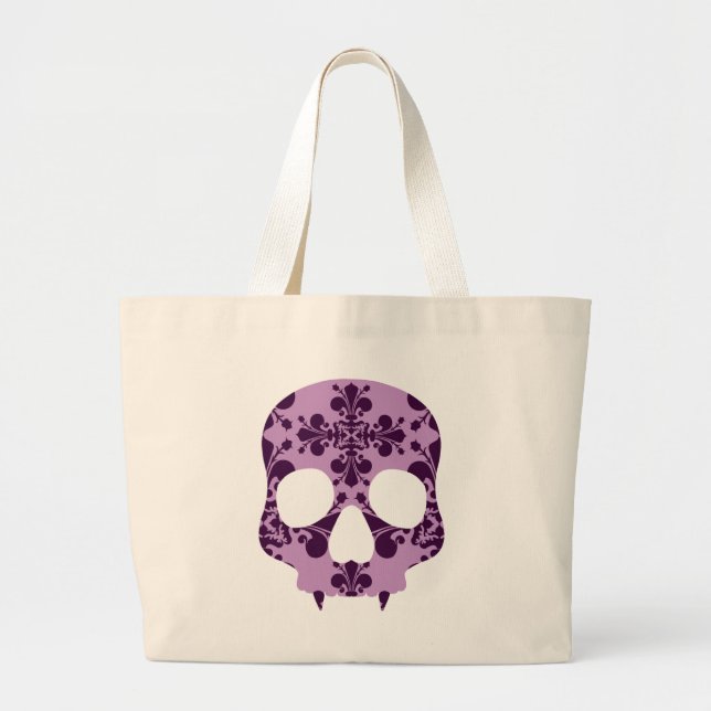 Punk purple damask fanged skull large tote bag (Front)