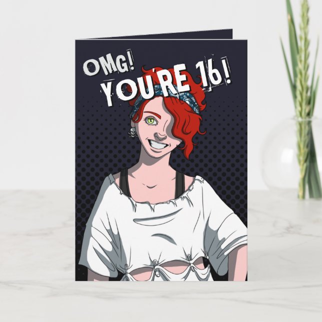Punk Redhead Teen Girl Black 16th Birthday Card (Front)