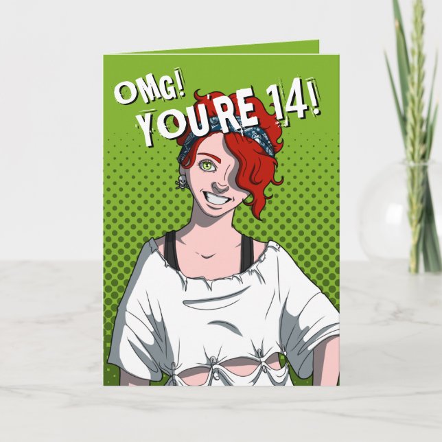 Punk Redhead Teen Girl Green 14th Birthday Card (Front)