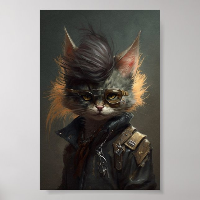 Punk Rock Cat Portrait, Funny Cat, Pet Portrait Poster (Front)