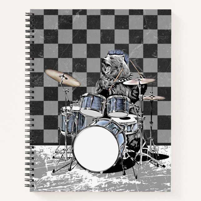 Punk Rock Drummer Bear Drum Kit Musician Drumming Notebook (Front)