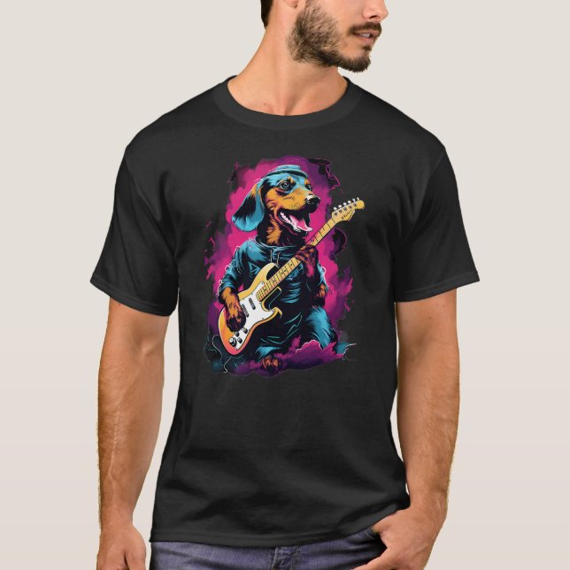 Punk Rock Guitar Dachshund Dog Guitarist T-Shirt (Front)