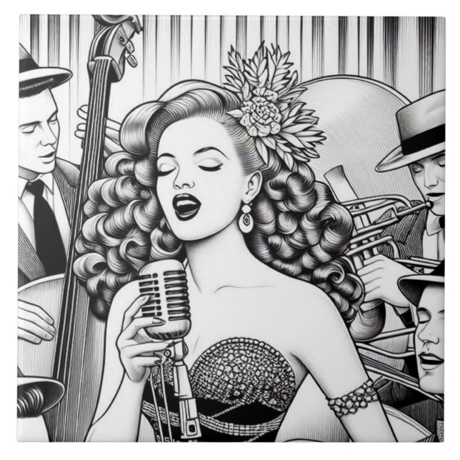 Punk Rock Rockabilly Retro Glam Black & White Tile (Front)