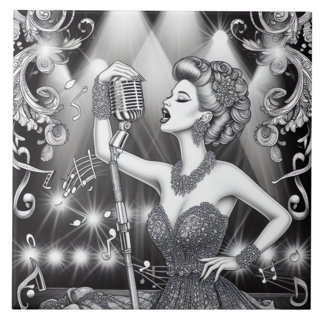 Punk Rock Rockabilly Retro Glam Black & White Tile (Front)