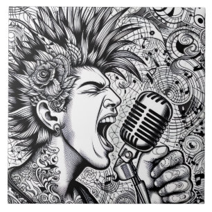 Punk Rock Singer Retro Glam Unique Black and White Tile