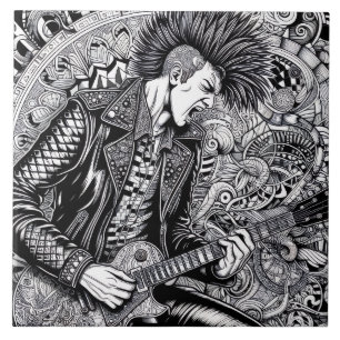 Punk Rock Singer Retro Glam Unique Black and White Tile