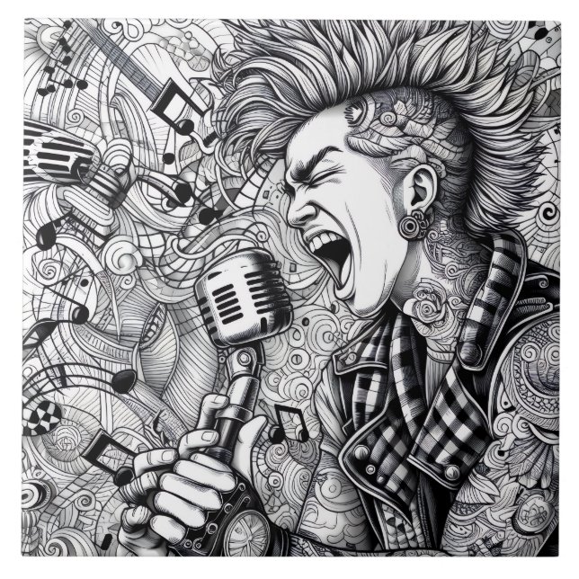 Punk Rock Singer Retro Glam Unique Black and White Tile (Front)