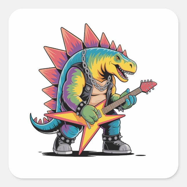 Punk Rock Stegosaurus Dinosaur Playing Guitar Square Sticker (Front)