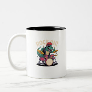 Punk Rock T-Rex Dinosaur Drummer - Percussion Two-Tone Coffee Mug