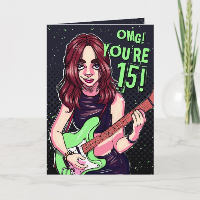 Punk Rock Teen Girl Guitar 15th Birthday Card (Front)