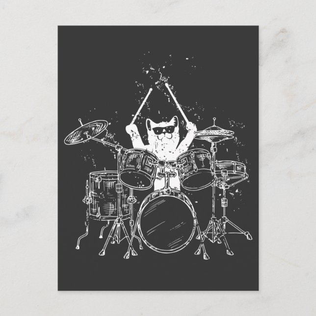 Punk Rockstar Kitten Kitty Cat Drummer Playing Postcard (Front)