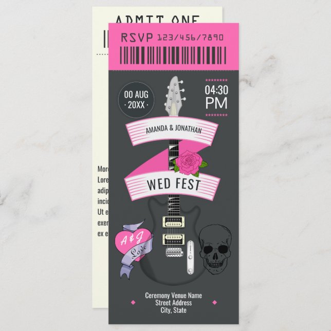 Punk Romance Rock ’n’ Roll Wedding Ticket Invitation (Front/Back)