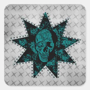 Punk Skull Square Stickers, Black and Teal Sticker