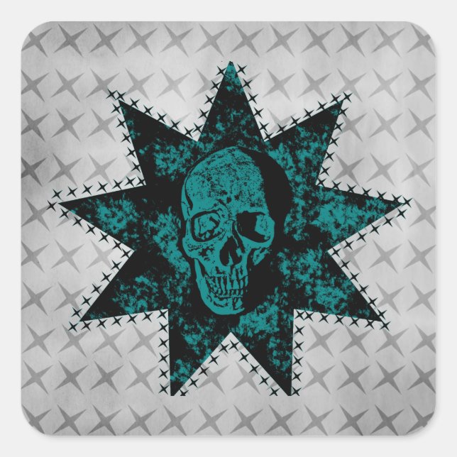 Punk Skull Square Stickers, Black and Teal Sticker (Front)