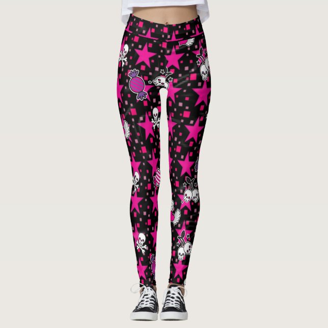 Punk Skulls and Candy Pattern on Pink Stars Leggings (Front)