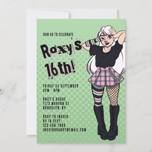Punk Teen Girl Green Cartoon 16th Birthday Invitation (Front)
