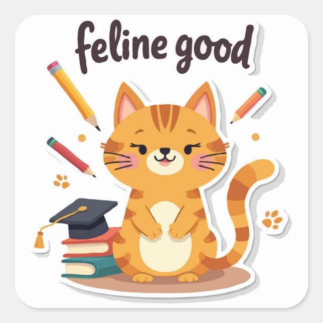 Punny 'Feline Good' Back To School Cat  Square Sticker (Front)