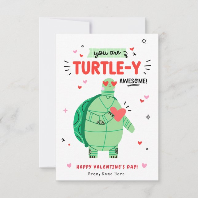 Punny Turtle Valentine's Day Kids Classroom Card (Front)
