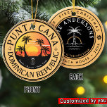 Punta Cana Dominican Travel Family Vacation Sunset Ceramic Tree Decoration<br><div class="desc">Punta Cana Dominican Republic Tropical Retro Sunset design. Indulge in the nostalgia of Punta Cana with our vintage souvenir, designed specifically for seaside vacationers. Reminiscent of a bygone era, this design encapsulates the tranquillity and beauty of the cove, serving as a delightful reminder of your beachside getaway. You can customise...</div>